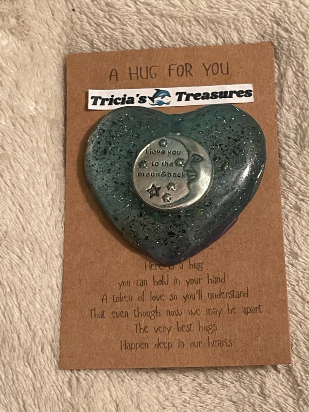 Handcrafted Heart Token - Teal Glitter Moon Accent